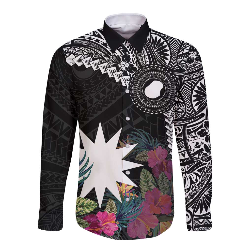 Black Nauru Long Sleeve Button Shirt Naoero Map With Polynesian Tropical Flowers LT14 Unisex Black - Polynesian Pride