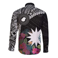 Black Nauru Long Sleeve Button Shirt Naoero Map With Polynesian Tropical Flowers LT14 - Polynesian Pride