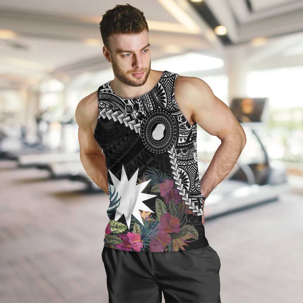 Black Nauru Men Tank Top Naoero Map With Polynesian Tropical Flowers