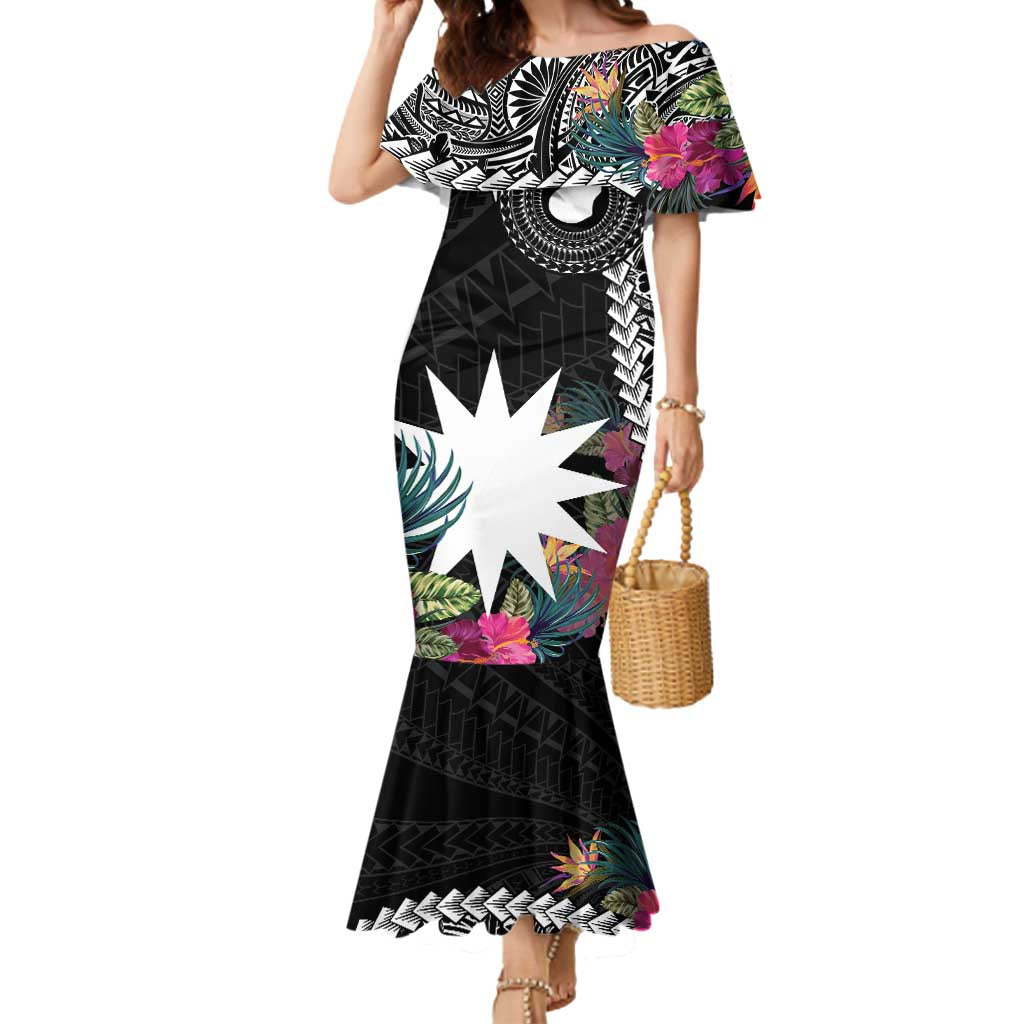 Black Nauru Mermaid Dress Naoero Map With Polynesian Tropical Flowers