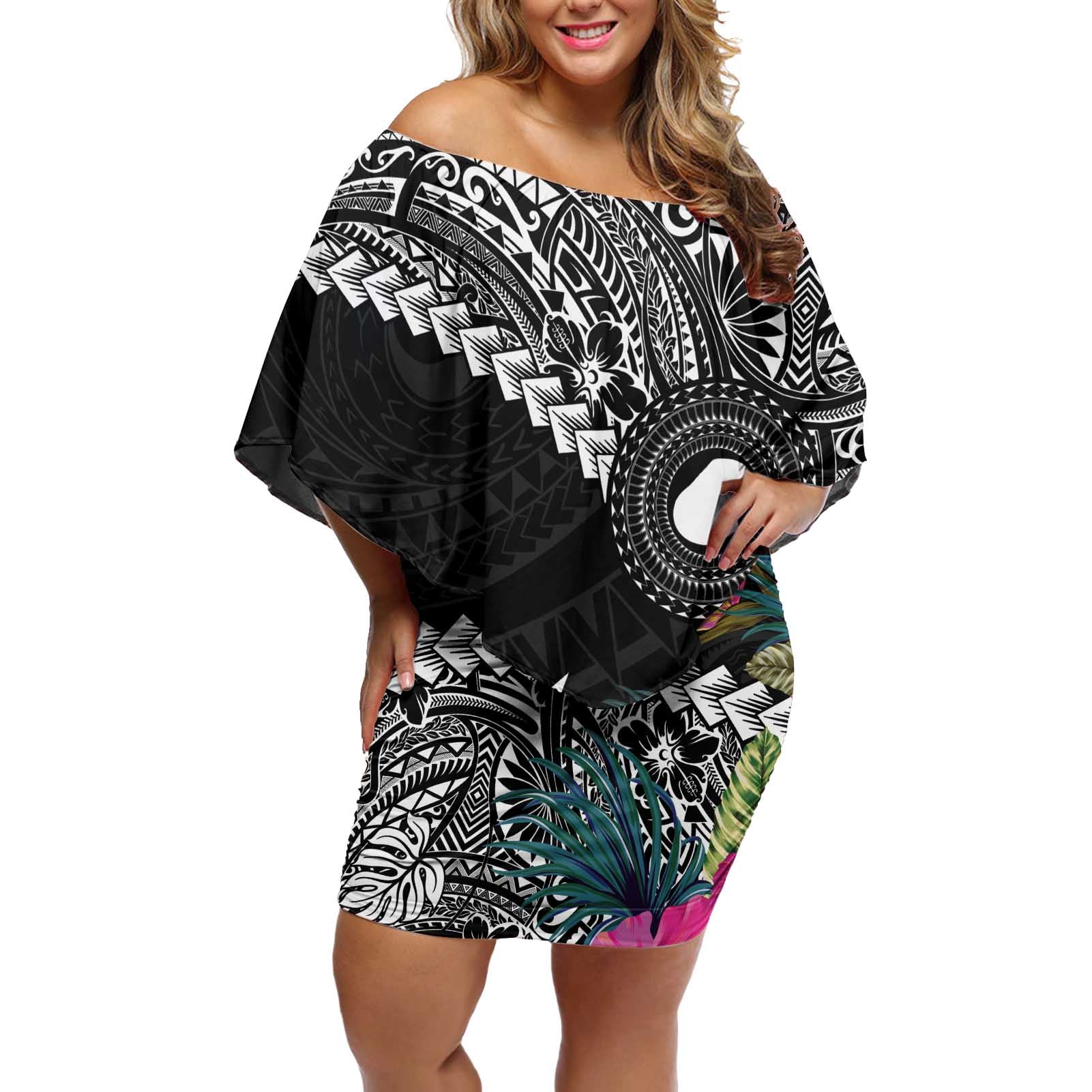 Black Nauru Off Shoulder Short Dress Naoero Map With Polynesian Tropical Flowers