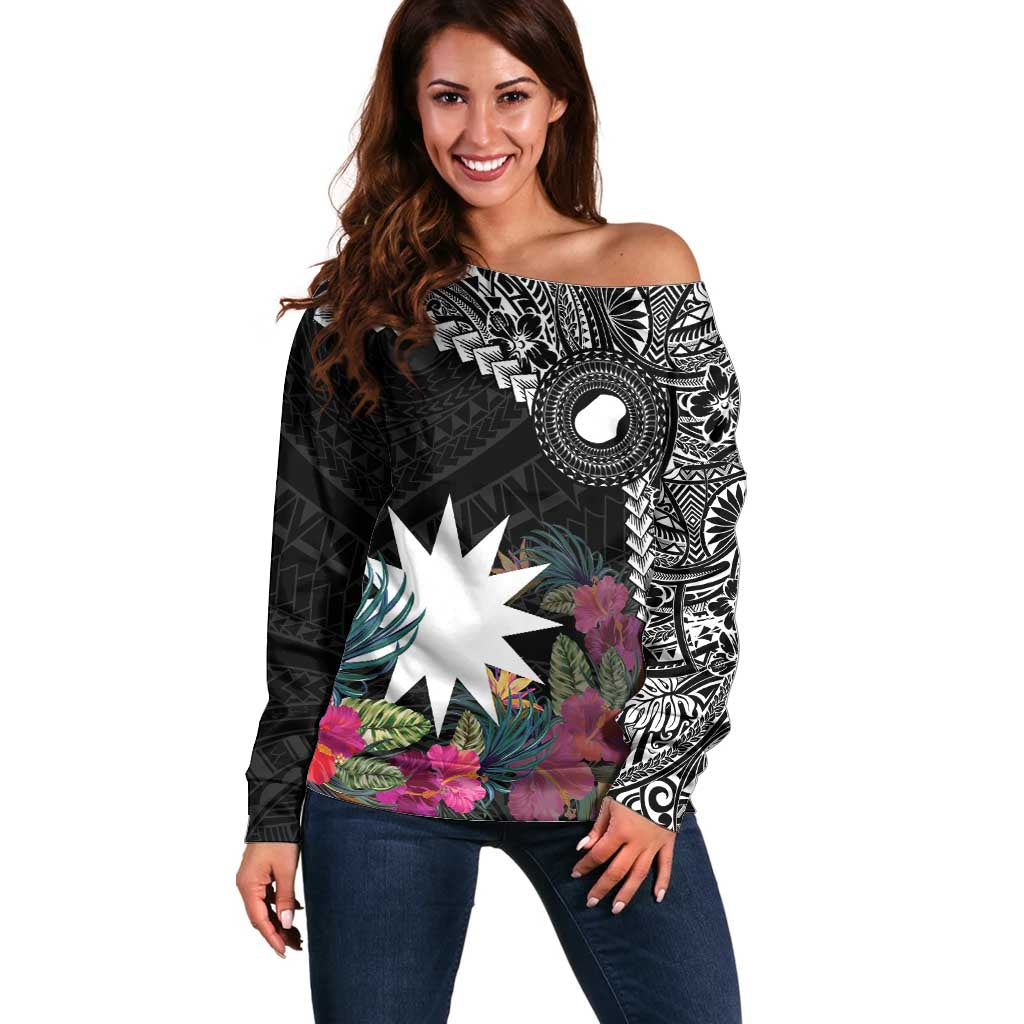 Black Nauru Off Shoulder Sweater Naoero Map With Polynesian Tropical Flowers