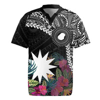 Black Nauru Rugby Jersey Naoero Map With Polynesian Tropical Flowers
