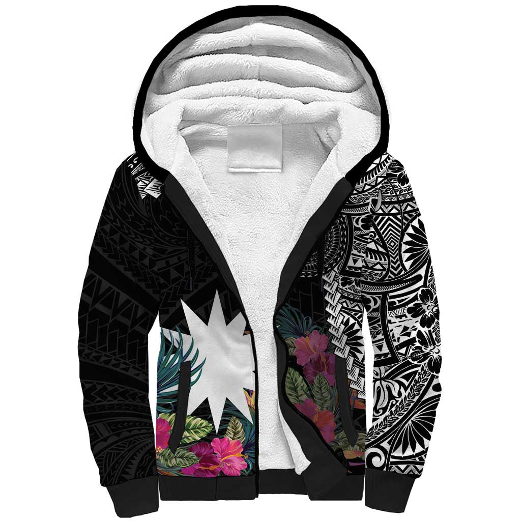 Black Nauru Sherpa Hoodie Naoero Map With Polynesian Tropical Flowers