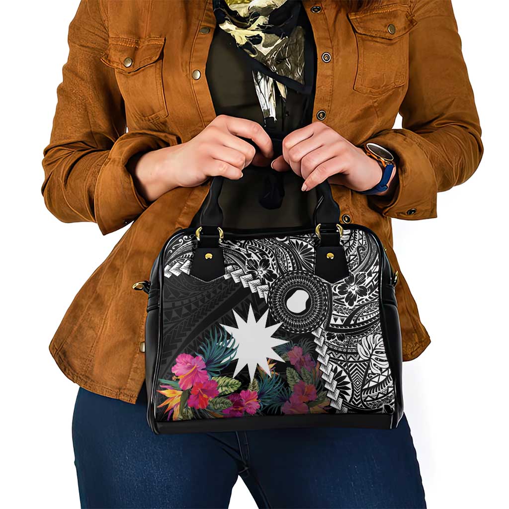 Black Nauru Shoulder Handbag Naoero Map With Polynesian Tropical Flowers