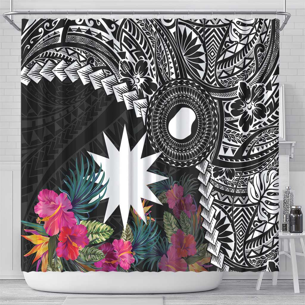Black Nauru Shower Curtain Naoero Map With Polynesian Tropical Flowers