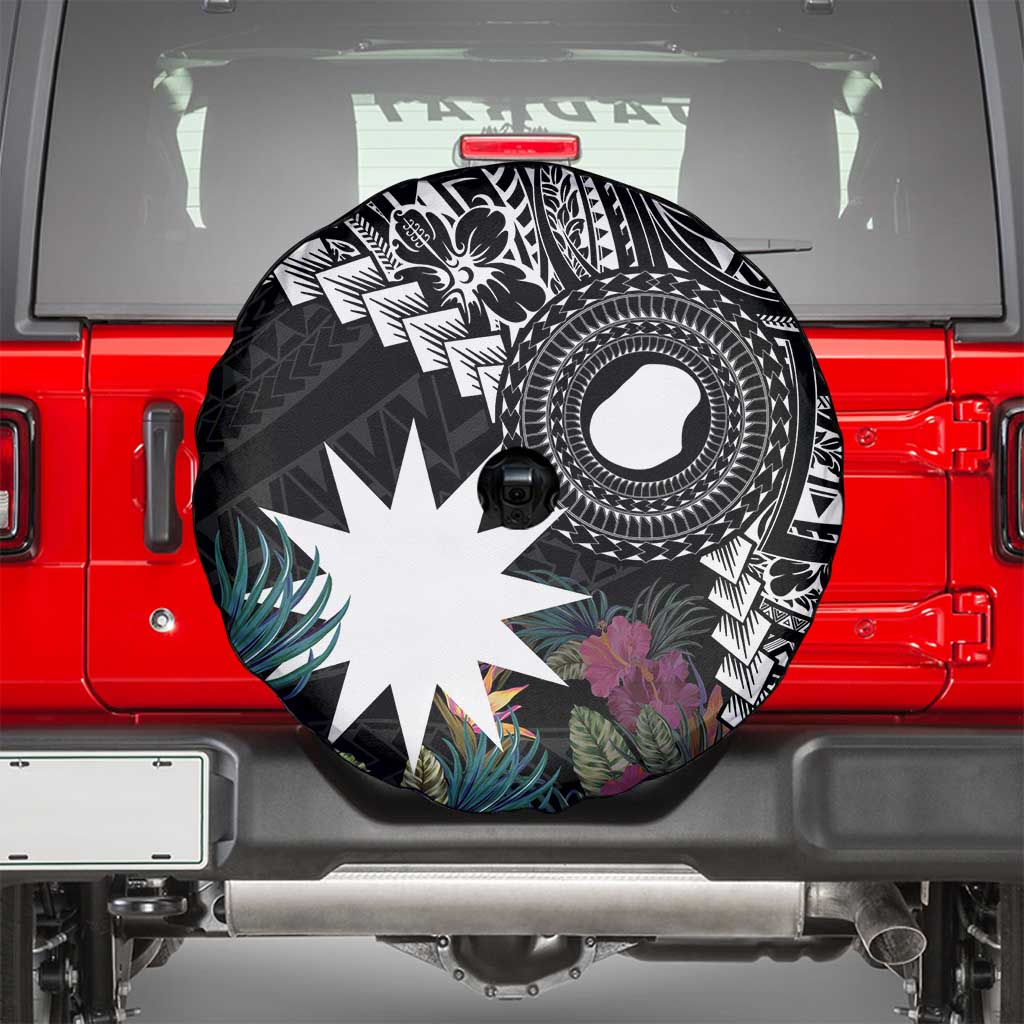 Black Nauru Spare Tire Cover Naoero Map With Polynesian Tropical Flowers