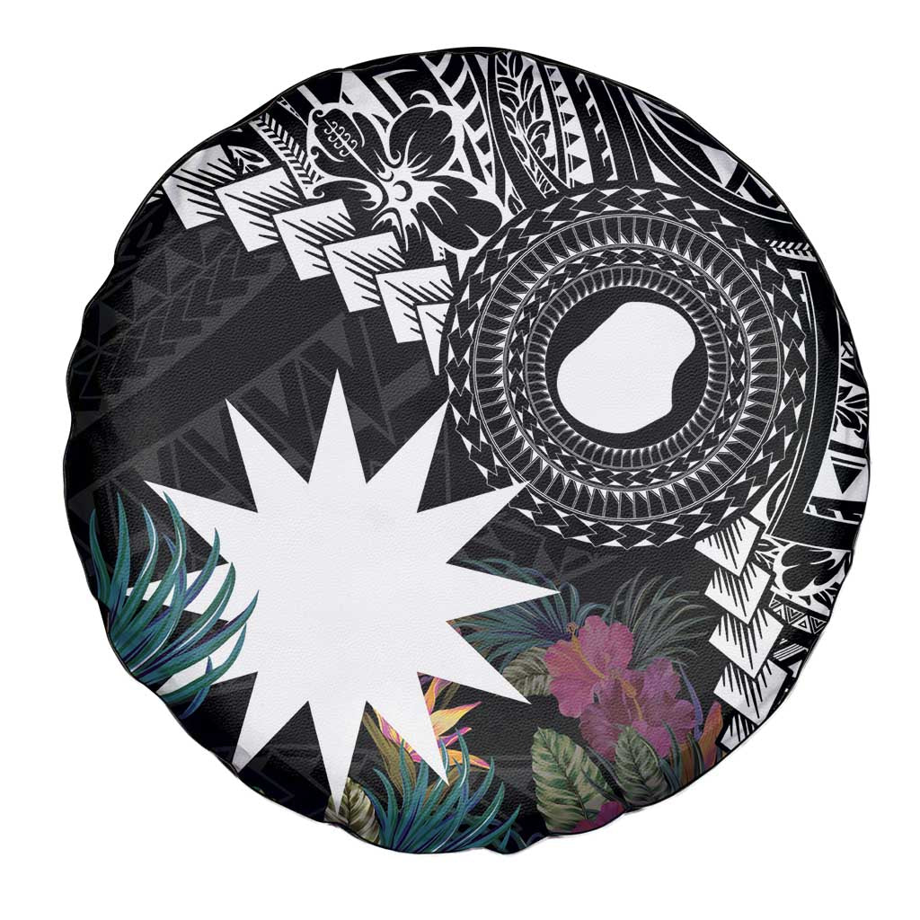 Black Nauru Spare Tire Cover Naoero Map With Polynesian Tropical Flowers
