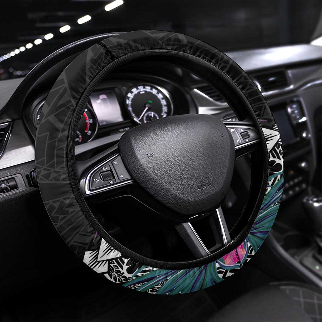 Black Nauru Steering Wheel Cover Naoero Map With Polynesian Tropical Flowers