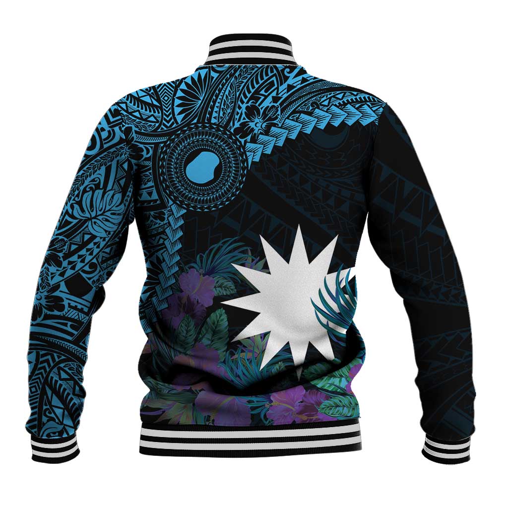 Blue Nauru Baseball Jacket Naoero Map With Polynesian Tropical Flowers