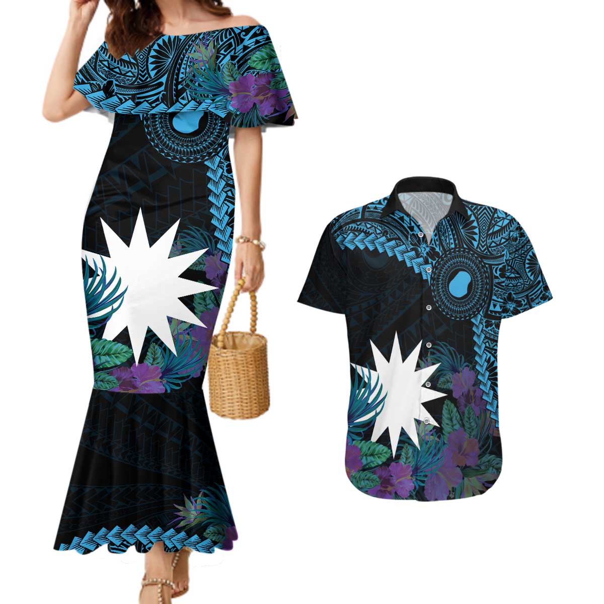 Blue Nauru Couples Matching Mermaid Dress and Hawaiian Shirt Naoero Map With Polynesian Tropical Flowers