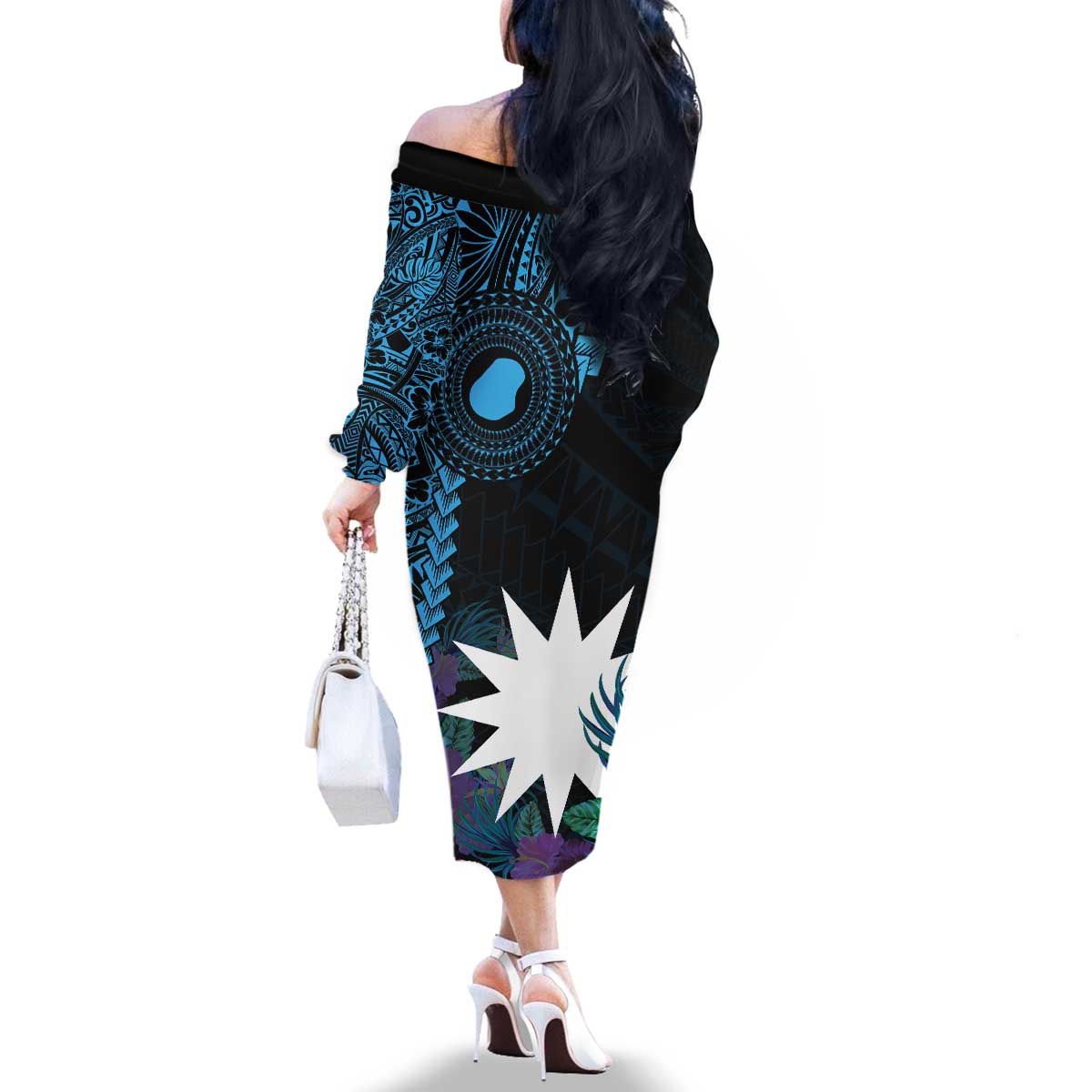 Blue Nauru Family Matching Off The Shoulder Long Sleeve Dress and Hawaiian Shirt Naoero Map With Polynesian Tropical Flowers