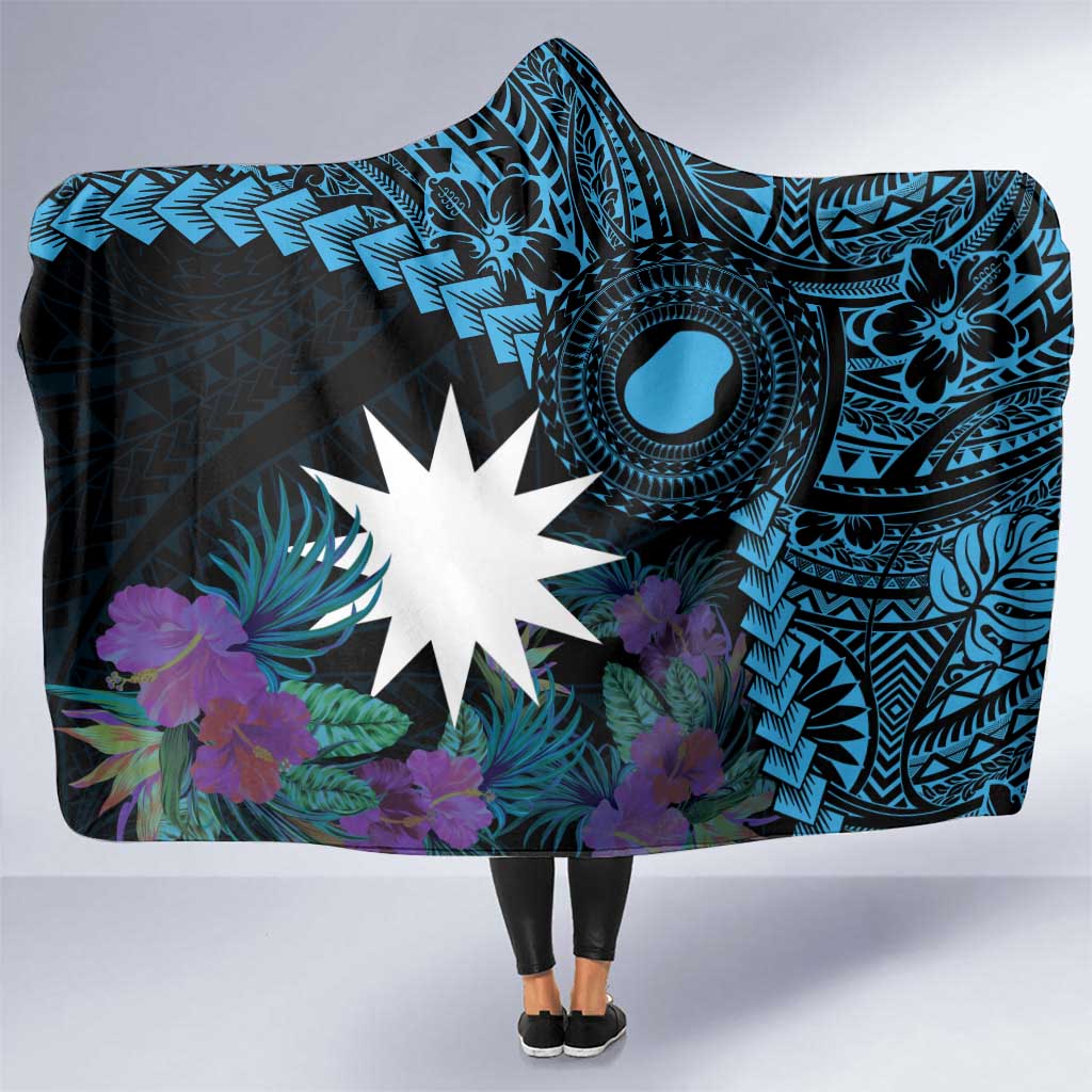 Blue Nauru Hooded Blanket Naoero Map With Polynesian Tropical Flowers