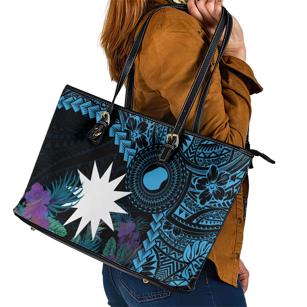 Blue Nauru Leather Tote Bag Naoero Map With Polynesian Tropical Flowers