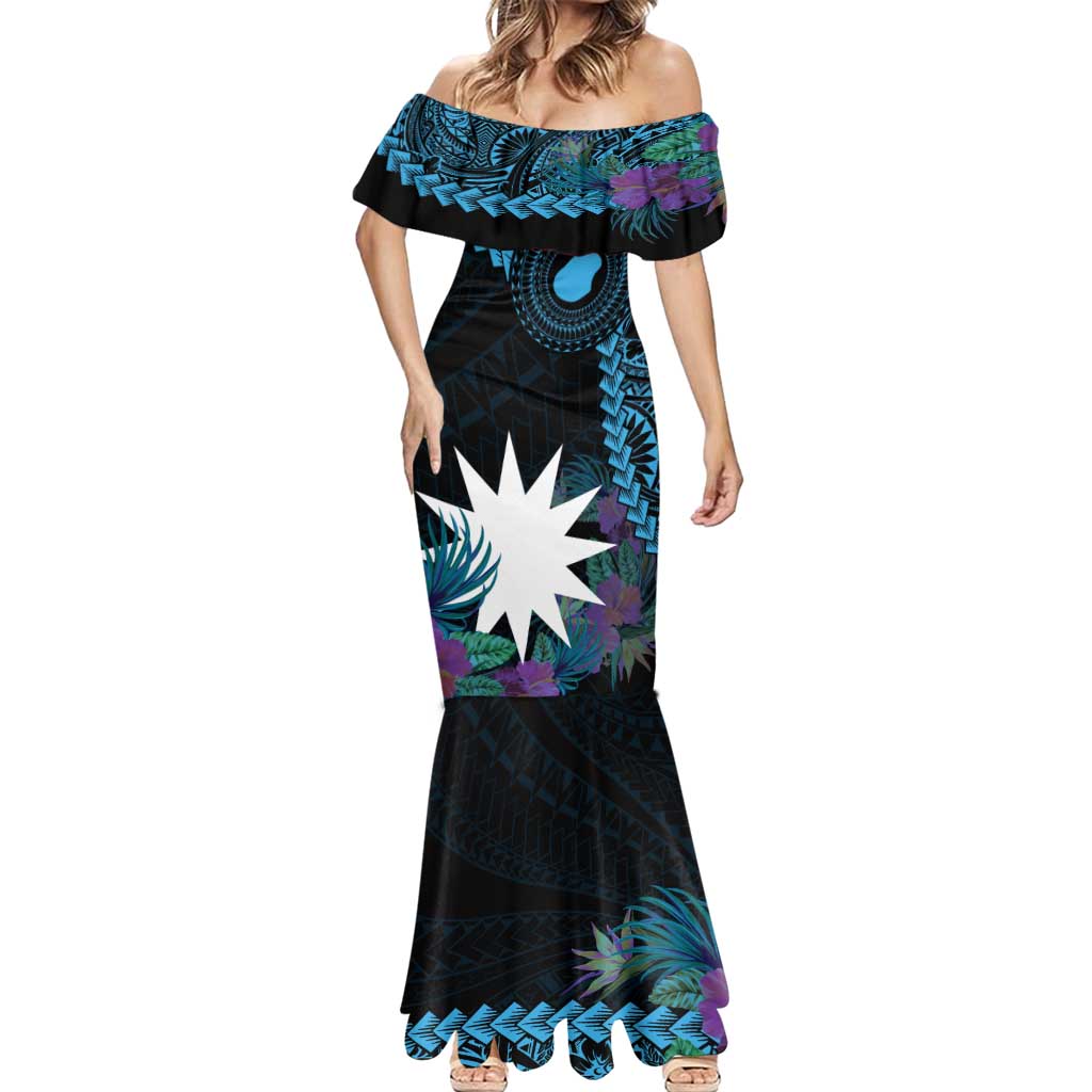 Blue Nauru Mermaid Dress Naoero Map With Polynesian Tropical Flowers