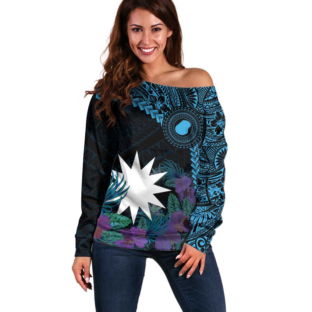 Blue Nauru Off Shoulder Sweater Naoero Map With Polynesian Tropical Flowers