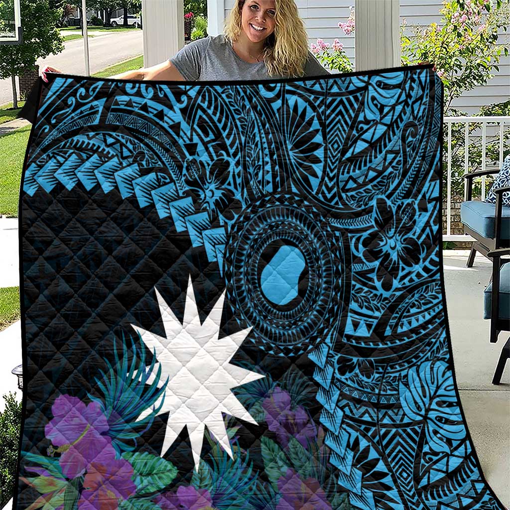 Blue Nauru Quilt Naoero Map With Polynesian Tropical Flowers