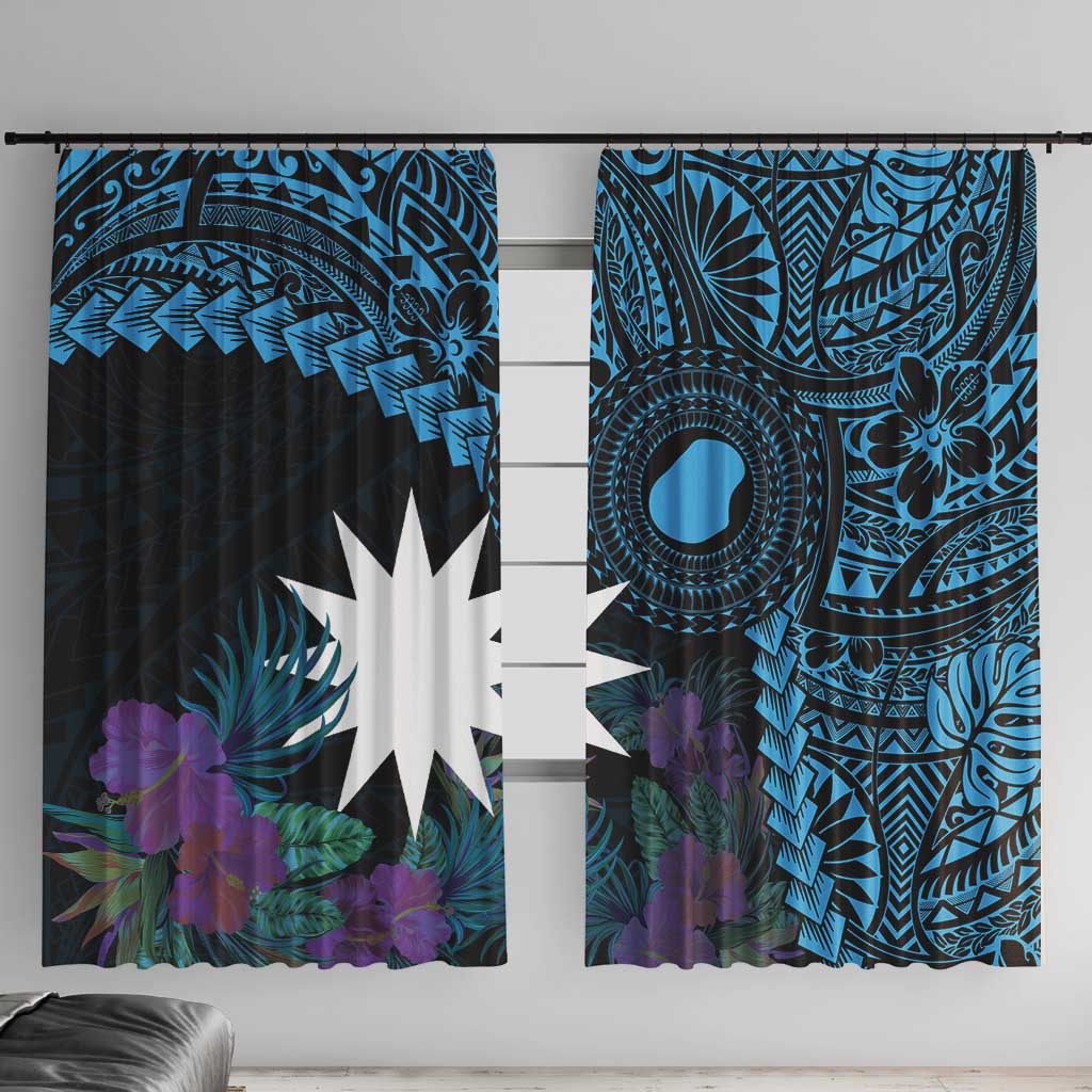 Blue Nauru Window Curtain Naoero Map With Polynesian Tropical Flowers