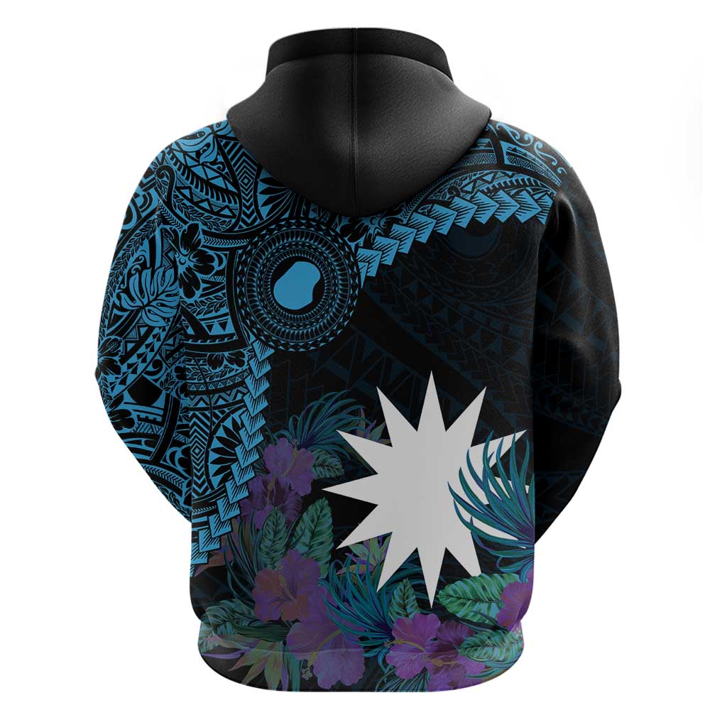 Blue Nauru Zip Hoodie Naoero Map With Polynesian Tropical Flowers