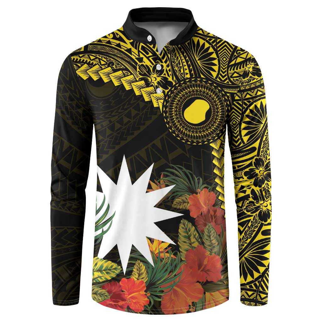 Gold Nauru Button Sweatshirt Naoero Map With Polynesian Tropical Flowers