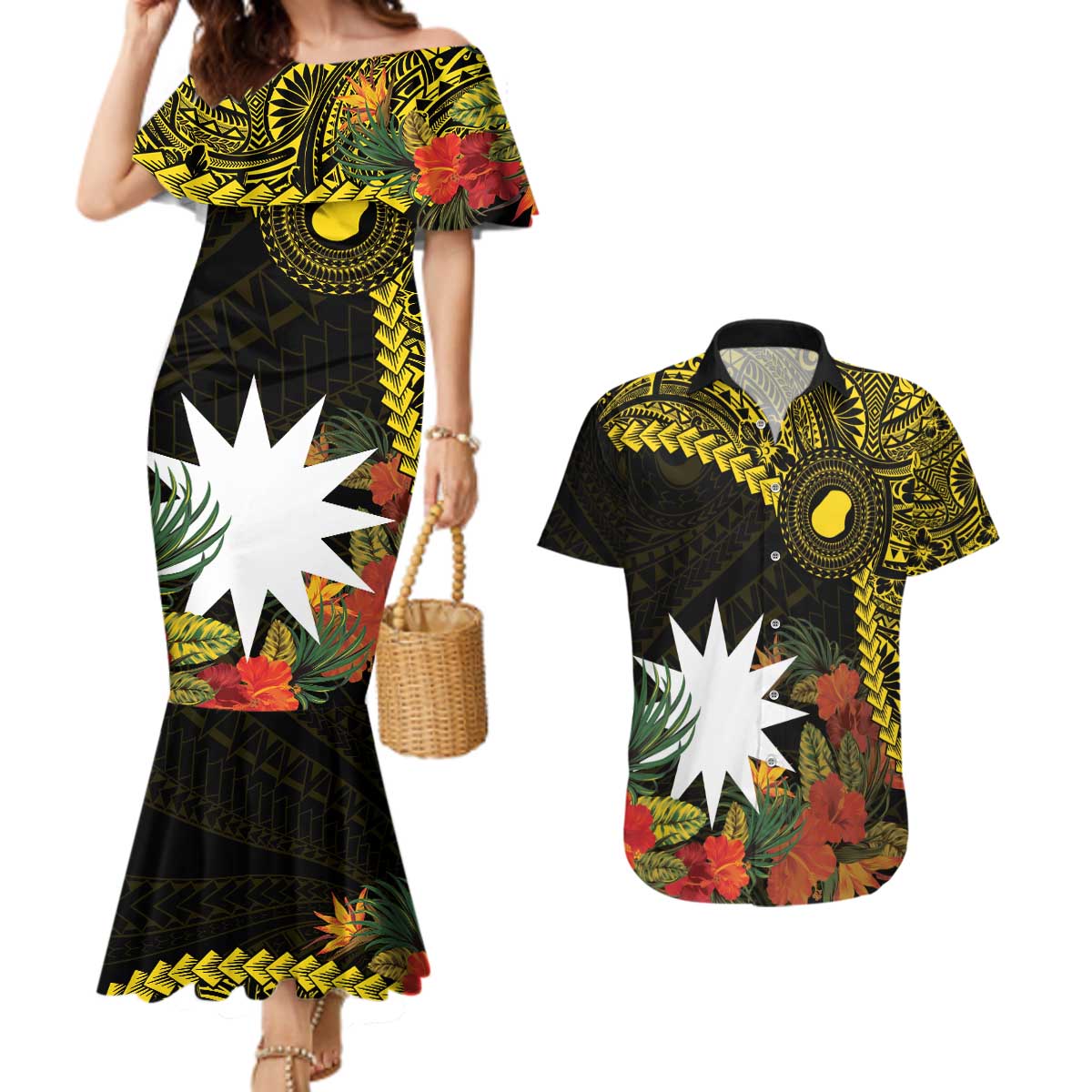 Gold Nauru Couples Matching Mermaid Dress and Hawaiian Shirt Naoero Map With Polynesian Tropical Flowers