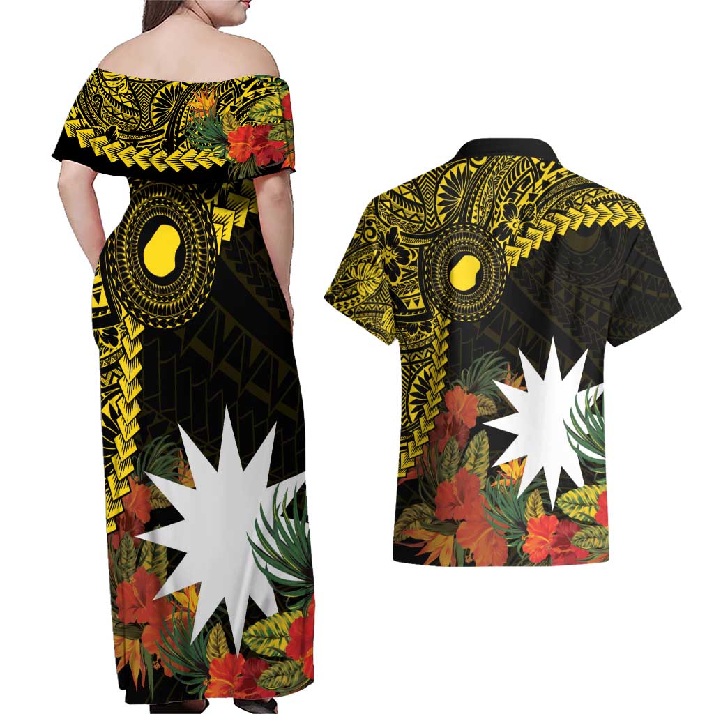 Gold Nauru Couples Matching Off Shoulder Maxi Dress and Hawaiian Shirt Naoero Map With Polynesian Tropical Flowers LT14 - Polynesian Pride