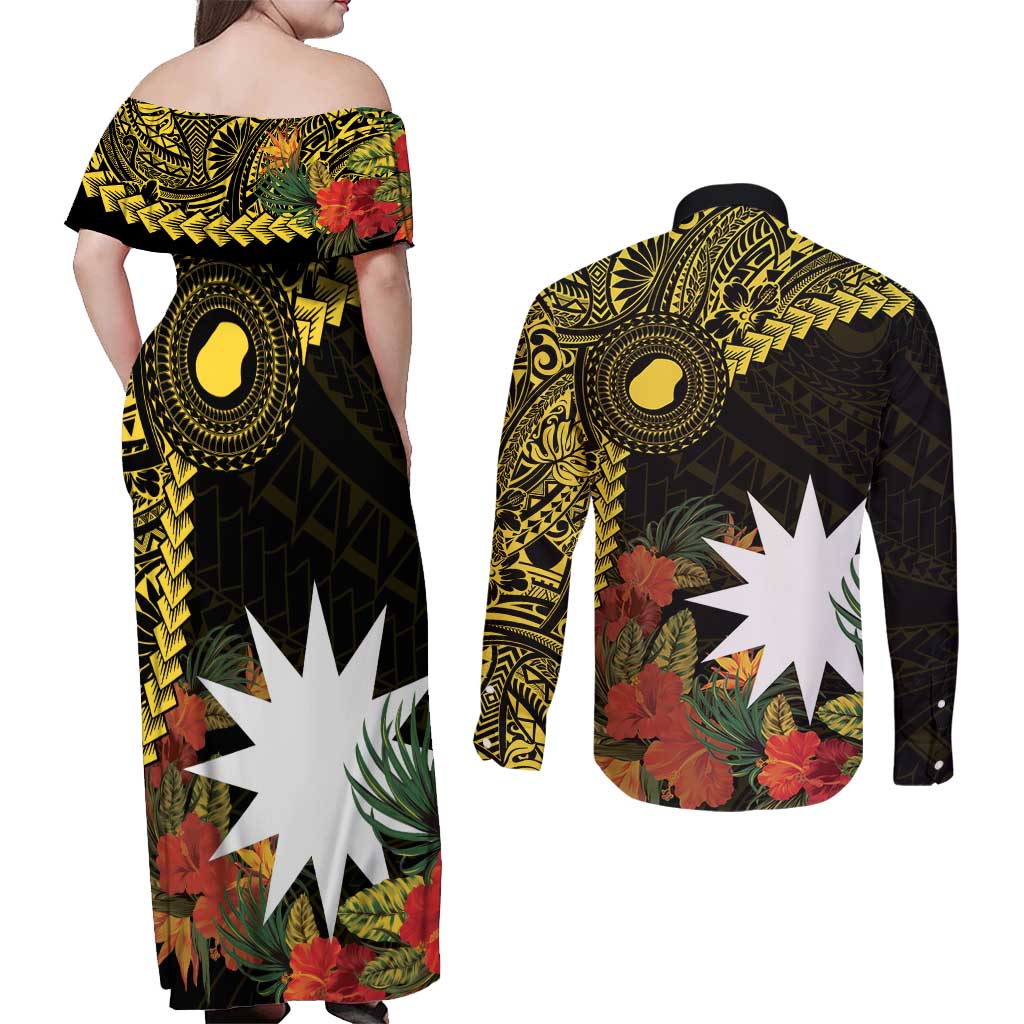 Gold Nauru Couples Matching Off Shoulder Maxi Dress and Long Sleeve Button Shirt Naoero Map With Polynesian Tropical Flowers