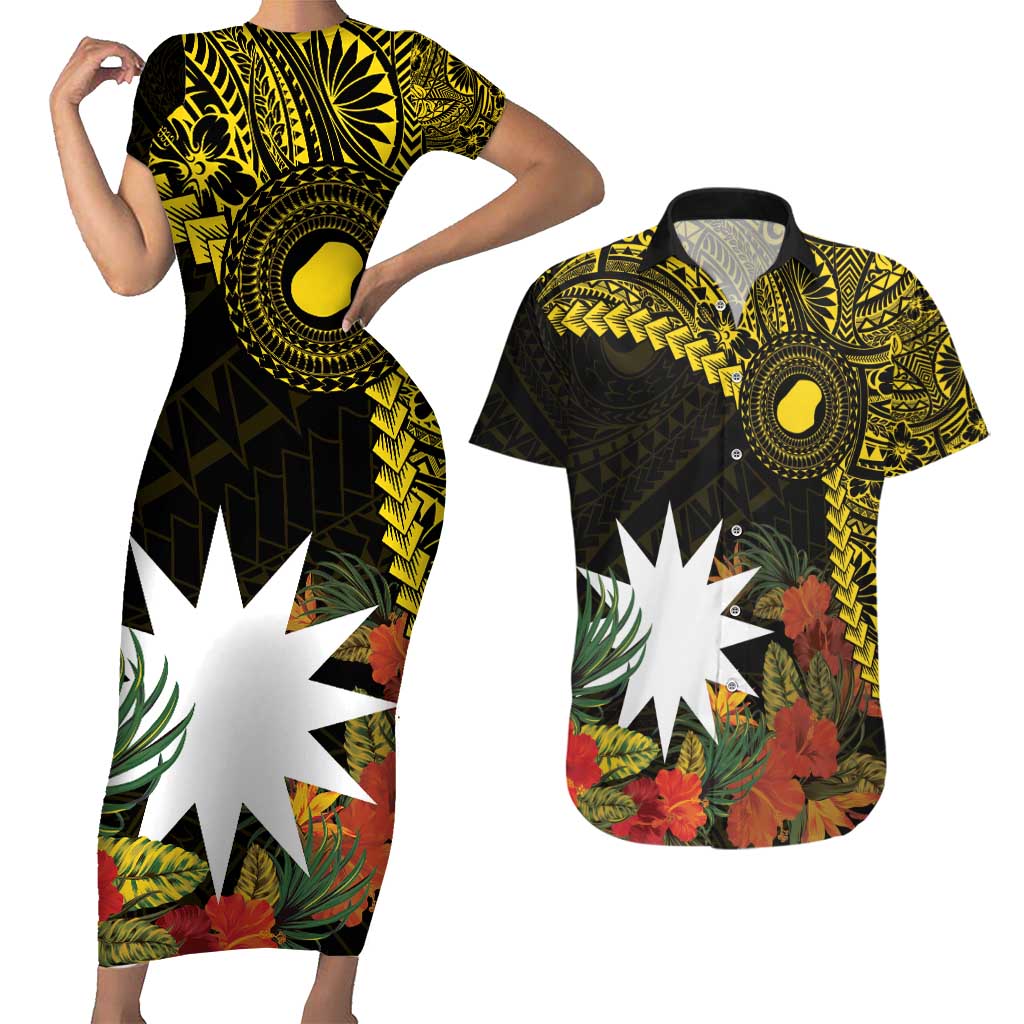 Gold Nauru Couples Matching Short Sleeve Bodycon Dress and Hawaiian Shirt Naoero Map With Polynesian Tropical Flowers