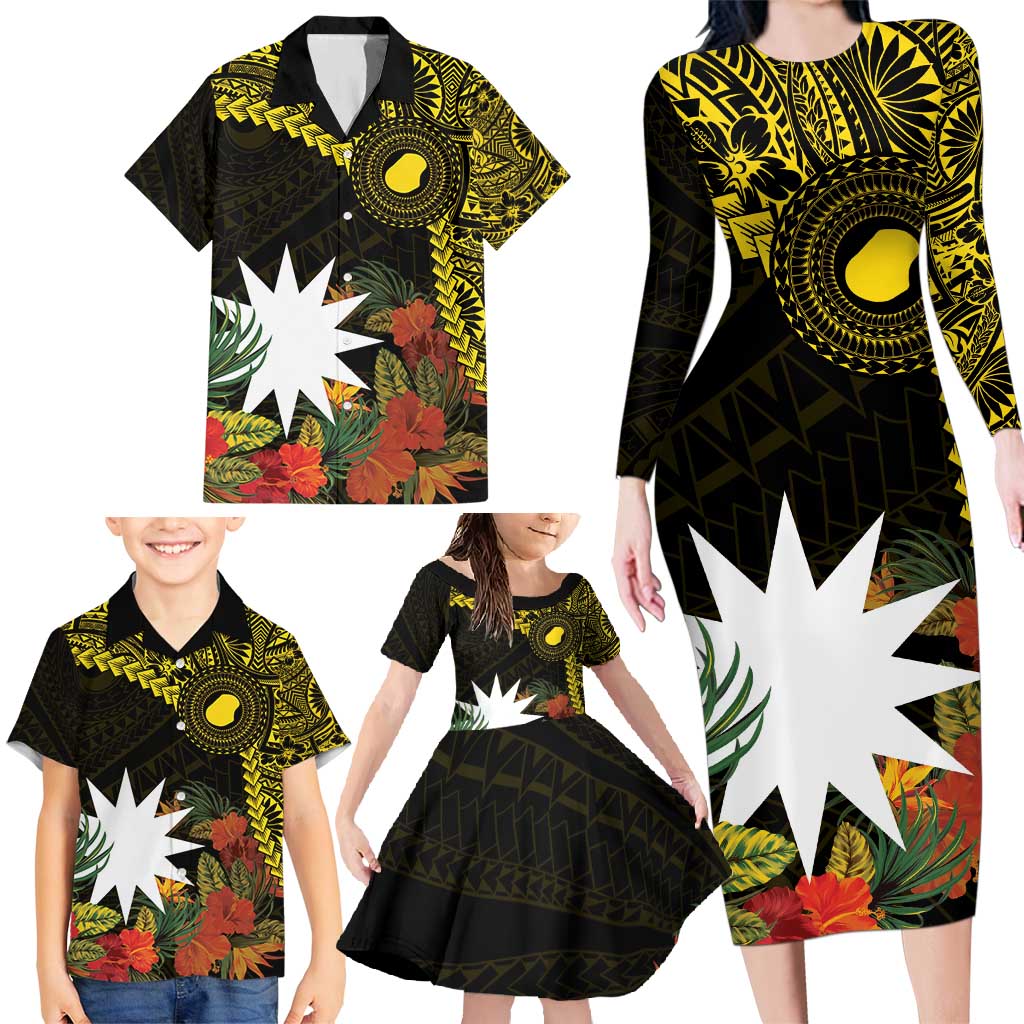 Gold Nauru Family Matching Long Sleeve Bodycon Dress and Hawaiian Shirt Naoero Map With Polynesian Tropical Flowers