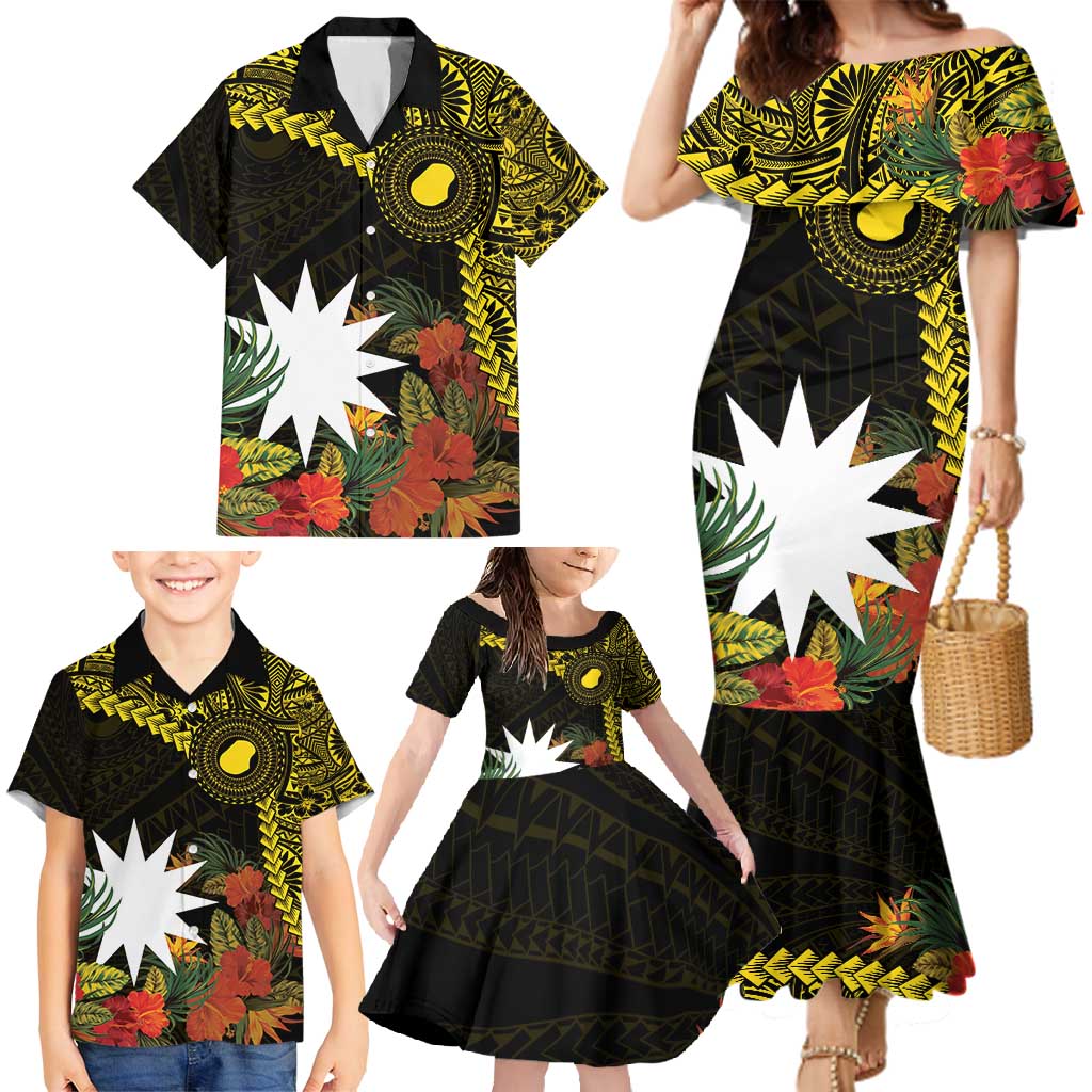 Gold Nauru Family Matching Mermaid Dress and Hawaiian Shirt Naoero Map With Polynesian Tropical Flowers