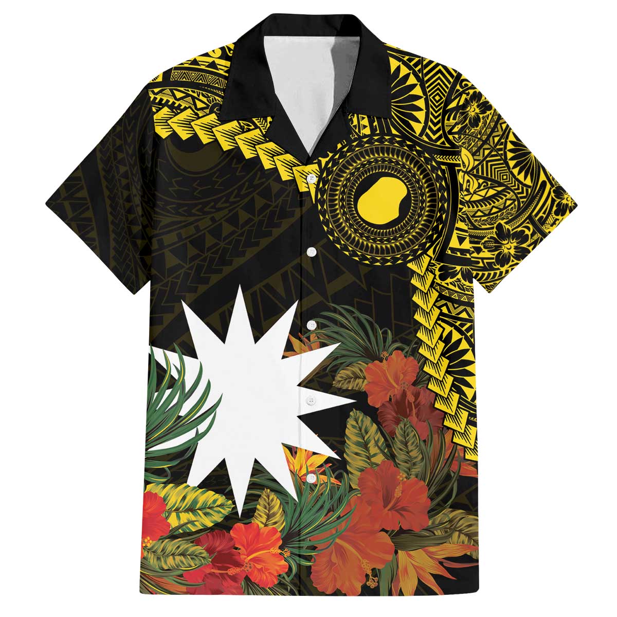 Gold Nauru Family Matching Puletasi and Hawaiian Shirt Naoero Map With Polynesian Tropical Flowers