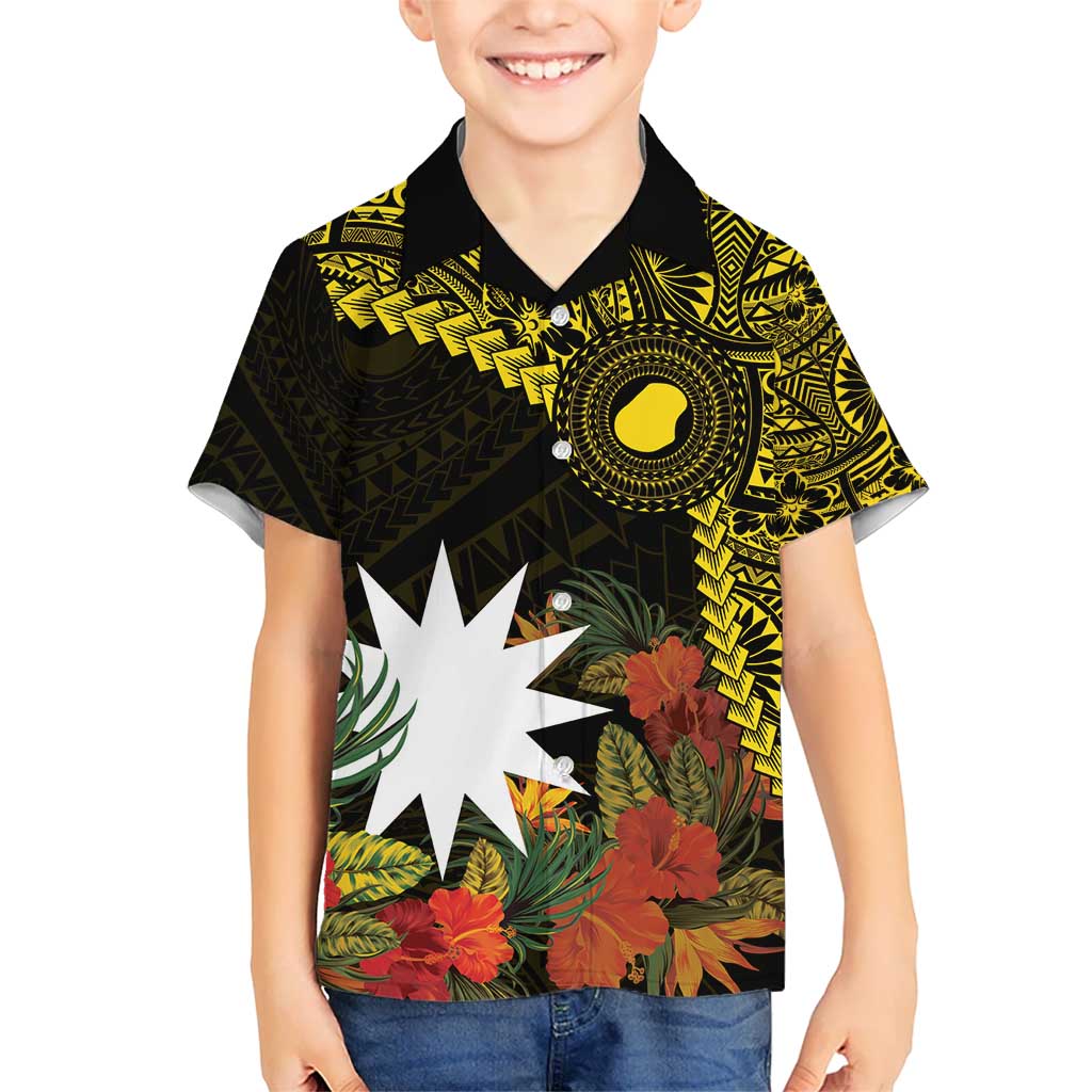 Gold Nauru Kid Hawaiian Shirt Naoero Map With Polynesian Tropical Flowers