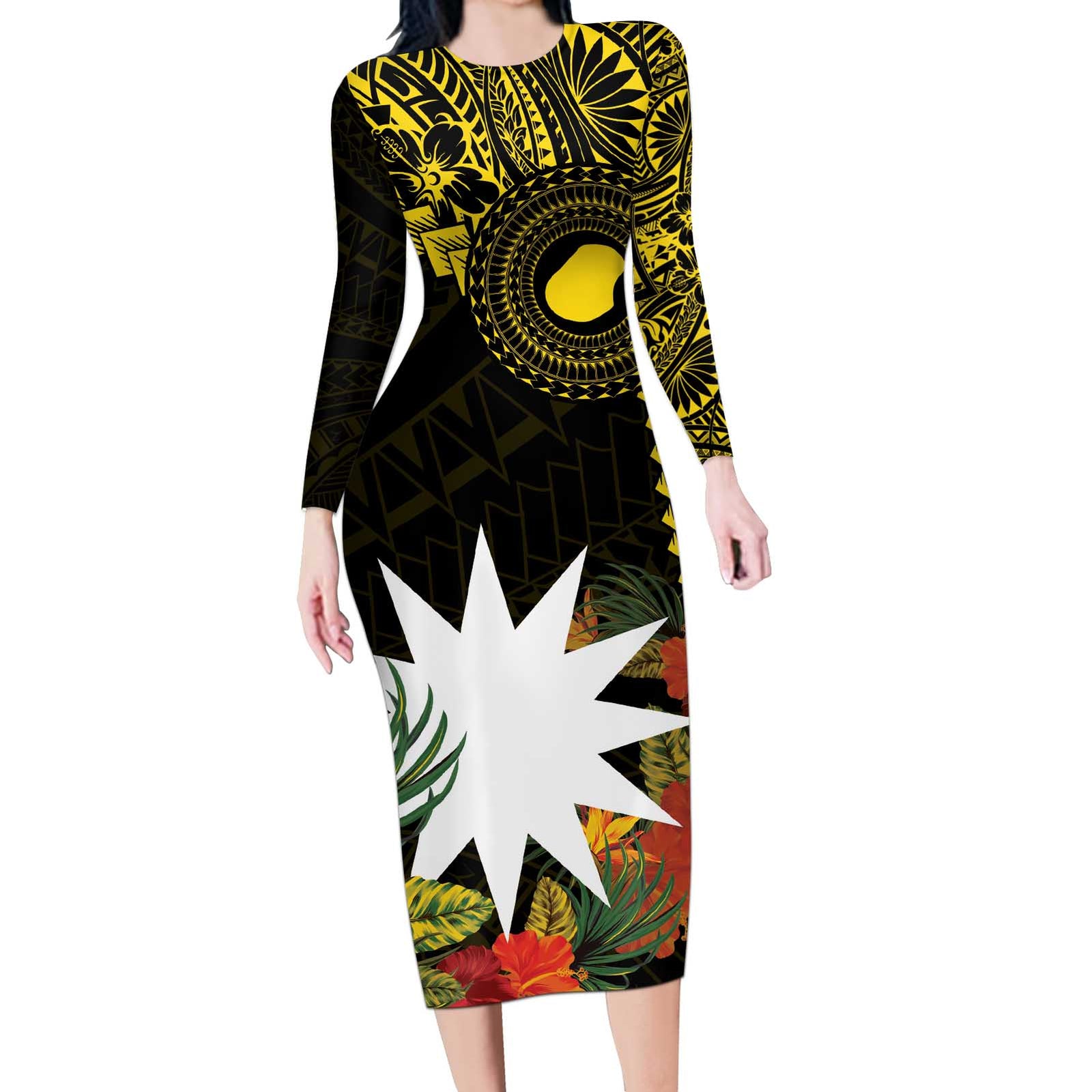Gold Nauru Long Sleeve Bodycon Dress Naoero Map With Polynesian Tropical Flowers
