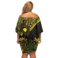 Gold Nauru Off Shoulder Short Dress Naoero Map With Polynesian Tropical Flowers