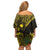 Gold Nauru Off Shoulder Short Dress Naoero Map With Polynesian Tropical Flowers