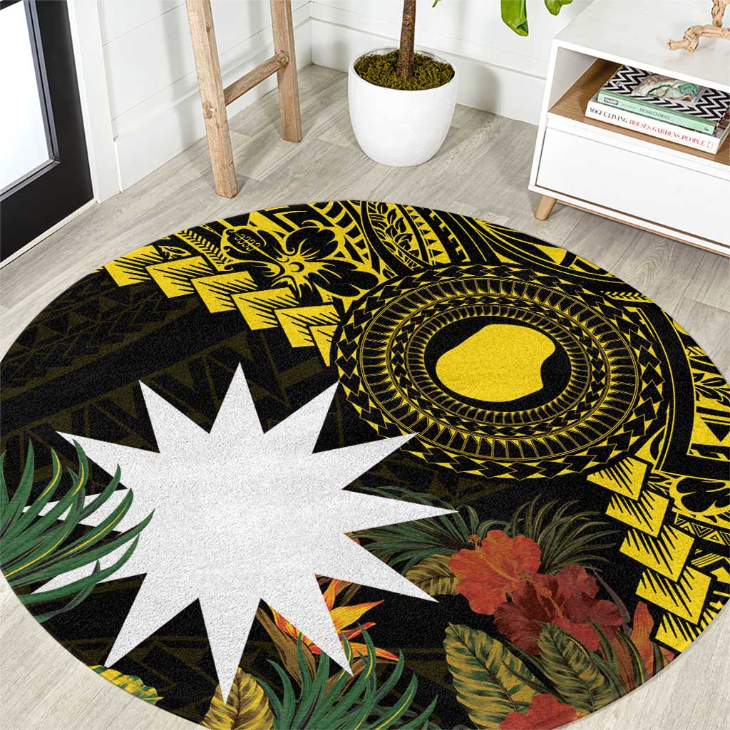 Gold Nauru Round Carpet Naoero Map With Polynesian Tropical Flowers