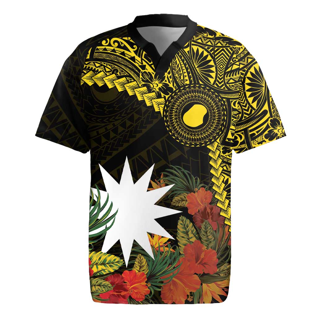 Gold Nauru Rugby Jersey Naoero Map With Polynesian Tropical Flowers