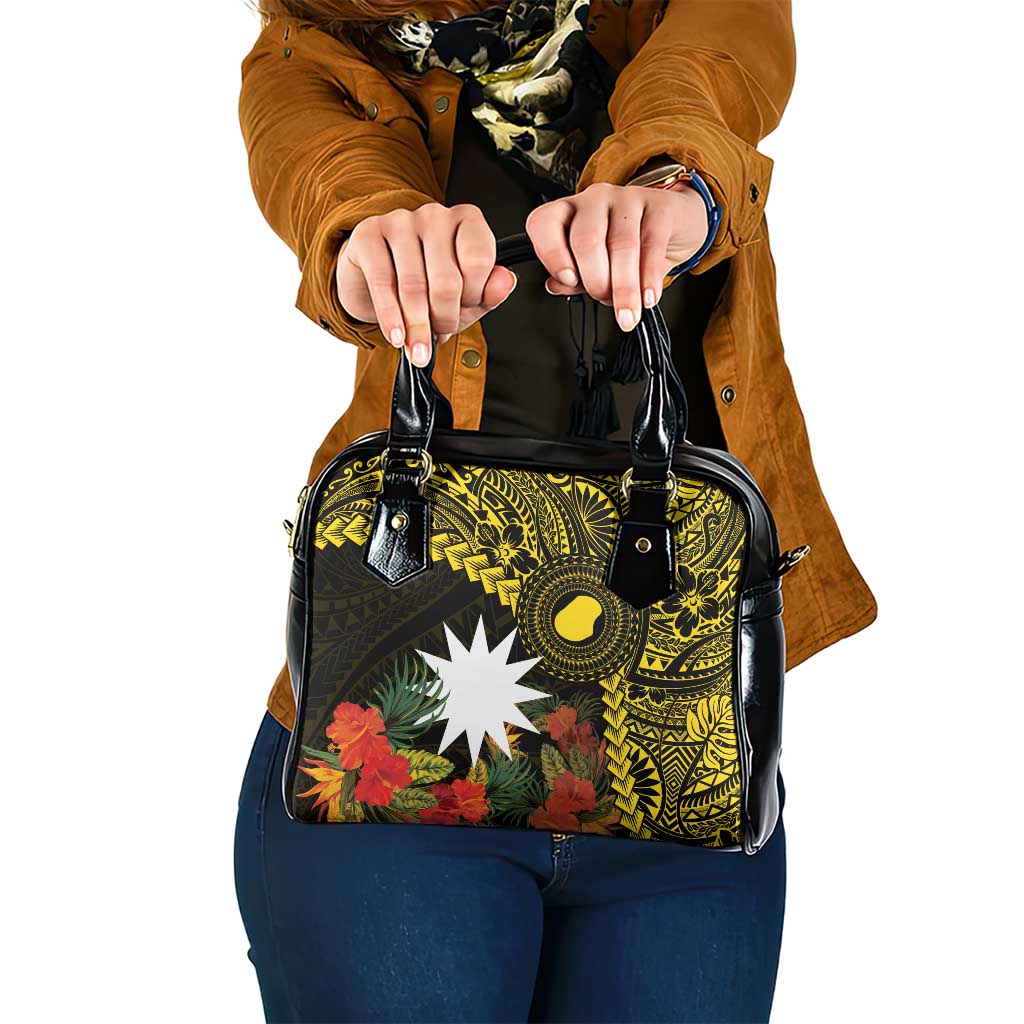 Gold Nauru Shoulder Handbag Naoero Map With Polynesian Tropical Flowers