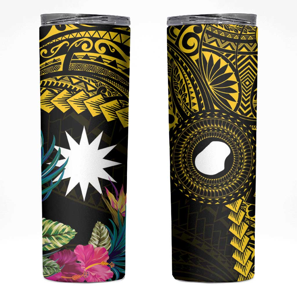 Gold Nauru Skinny Tumbler Naoero Map With Polynesian Tropical Flowers LT14 Gold - Polynesian Pride