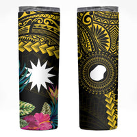 Gold Nauru Skinny Tumbler Naoero Map With Polynesian Tropical Flowers LT14 Gold - Polynesian Pride