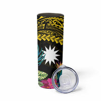 Gold Nauru Skinny Tumbler Naoero Map With Polynesian Tropical Flowers LT14 - Polynesian Pride