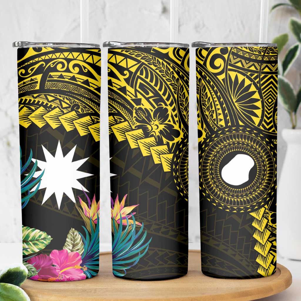 Gold Nauru Skinny Tumbler Naoero Map With Polynesian Tropical Flowers LT14 - Polynesian Pride