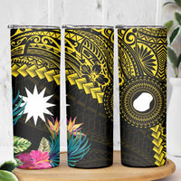 Gold Nauru Skinny Tumbler Naoero Map With Polynesian Tropical Flowers LT14 - Polynesian Pride