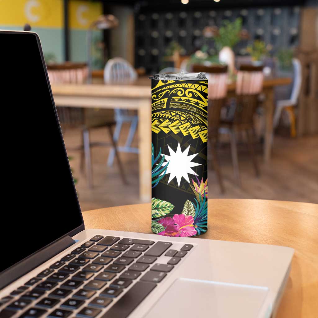 Gold Nauru Skinny Tumbler Naoero Map With Polynesian Tropical Flowers LT14 - Polynesian Pride