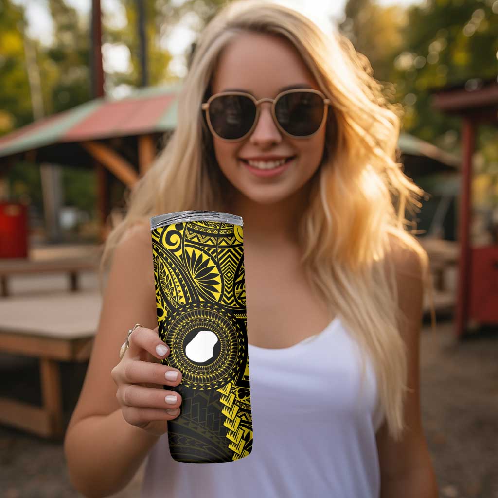 Gold Nauru Skinny Tumbler Naoero Map With Polynesian Tropical Flowers LT14 - Polynesian Pride