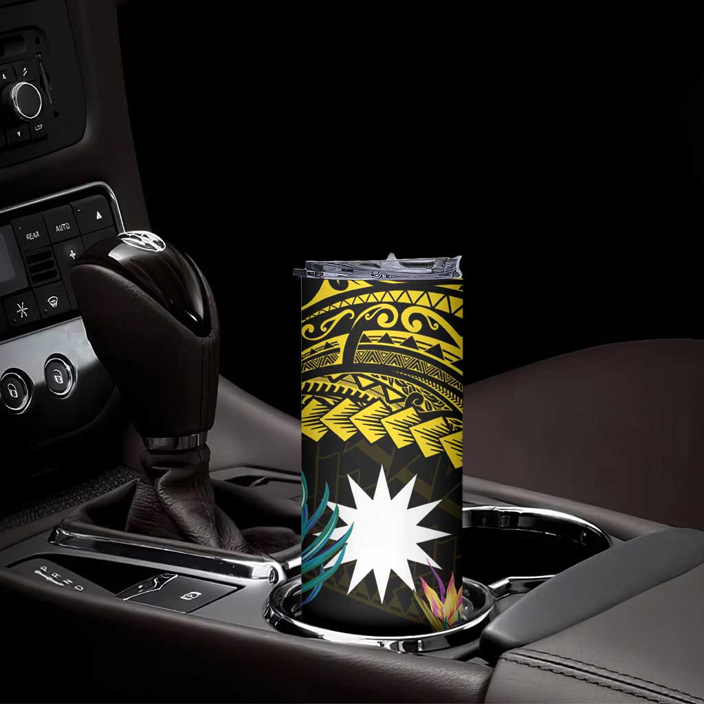 Gold Nauru Skinny Tumbler Naoero Map With Polynesian Tropical Flowers LT14 - Polynesian Pride