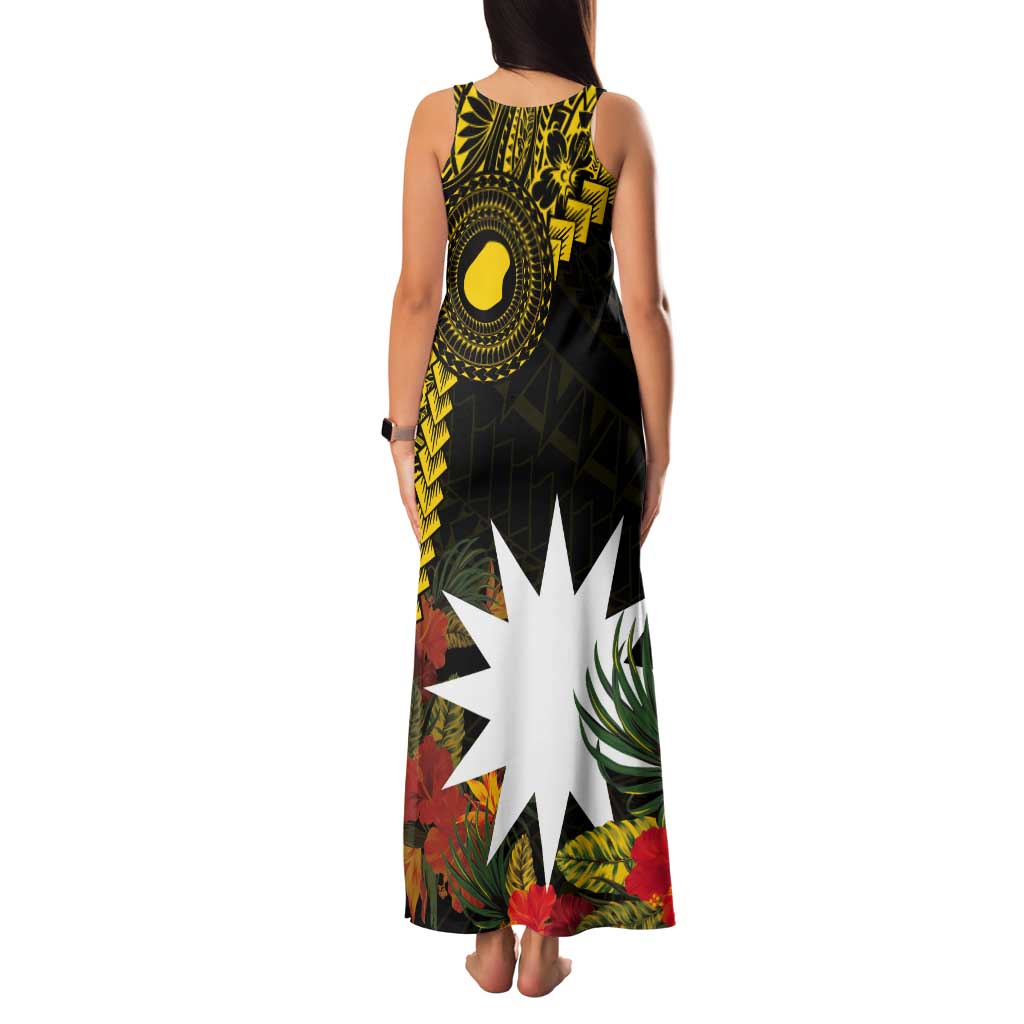 Gold Nauru Tank Maxi Dress Naoero Map With Polynesian Tropical Flowers