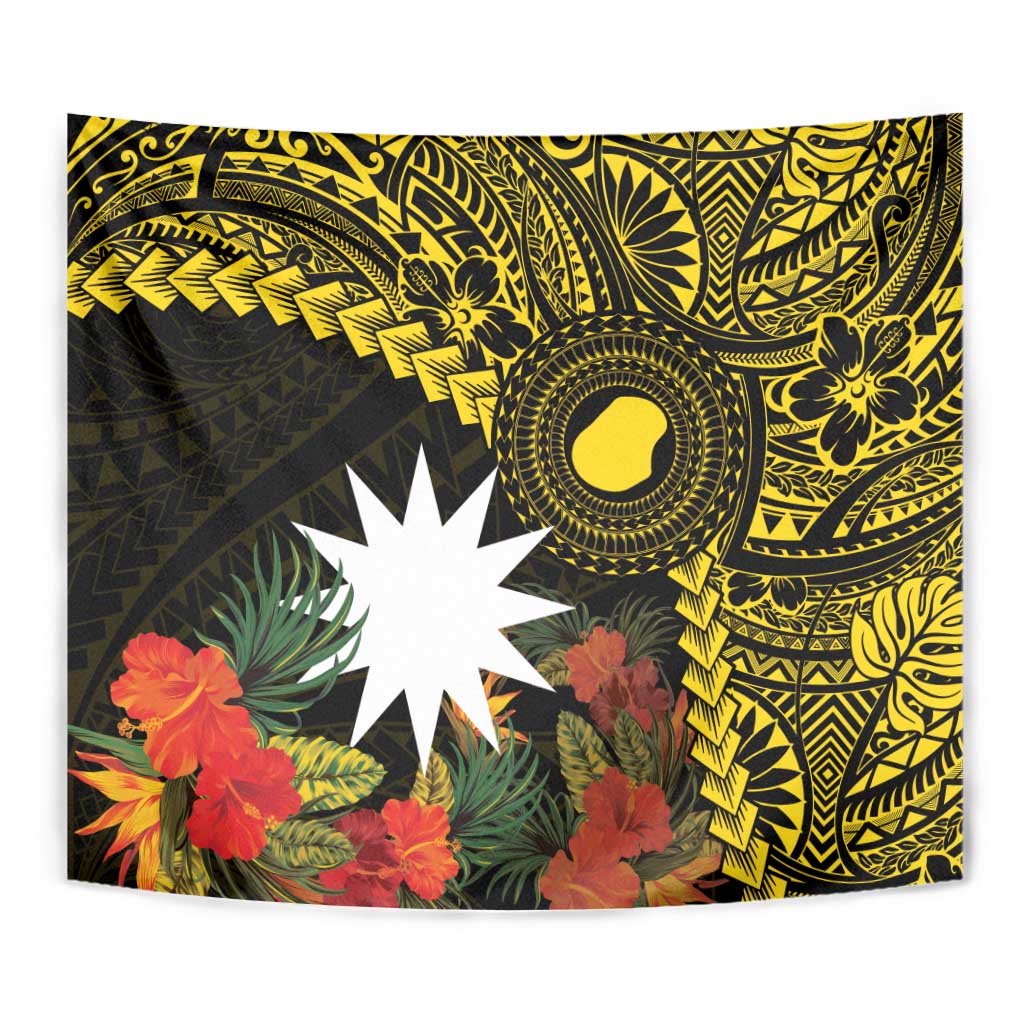 Gold Nauru Tapestry Naoero Map With Polynesian Tropical Flowers