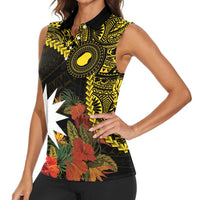 Gold Nauru Women Sleeveless Polo Shirt Naoero Map With Polynesian Tropical Flowers