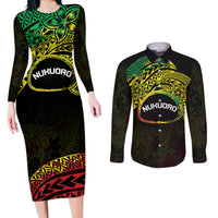 Personalised Nukuoro Atoll Couples Matching Long Sleeve Bodycon Dress and Long Sleeve Button Shirt Polynesian Tattoo Curves Reggae Version